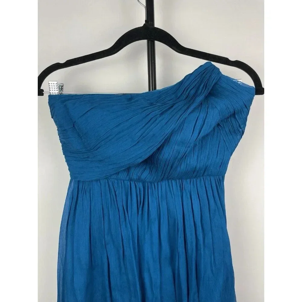 J. Crew Blue 100% Silk Crinkle Chiffon Flowy Strapless Mini‎ Dress Size 0P